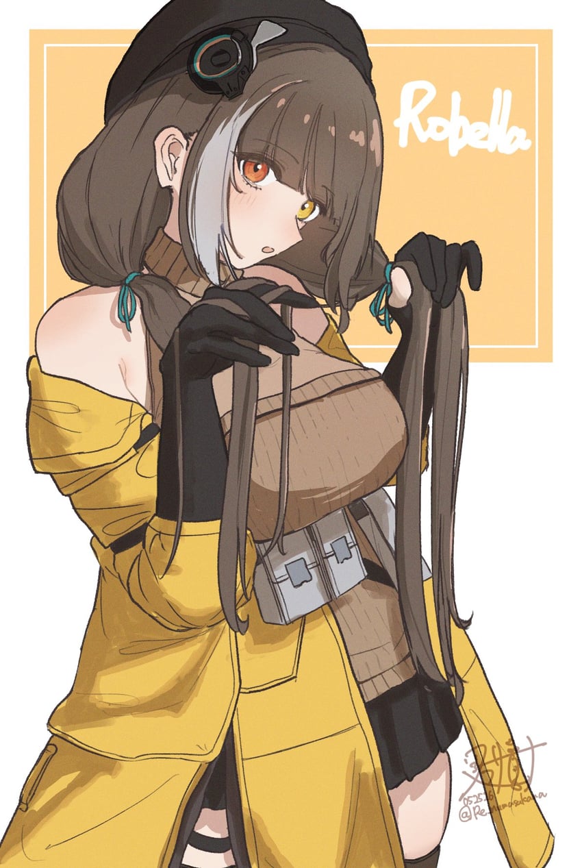 少女前线、少女前线2：追放、RO635 (少女前线) 1名女孩 露肩 贝雷帽 黑色手套 黑帽子