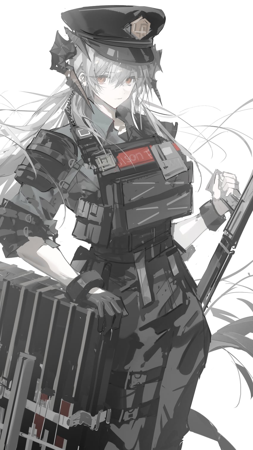 明日方舟、塞雷娅 (明日方舟)、塞雷娅 (执法者) (明日方舟) 1名女孩 警棍/短棍 黑色手套 黑帽子 黑裤子