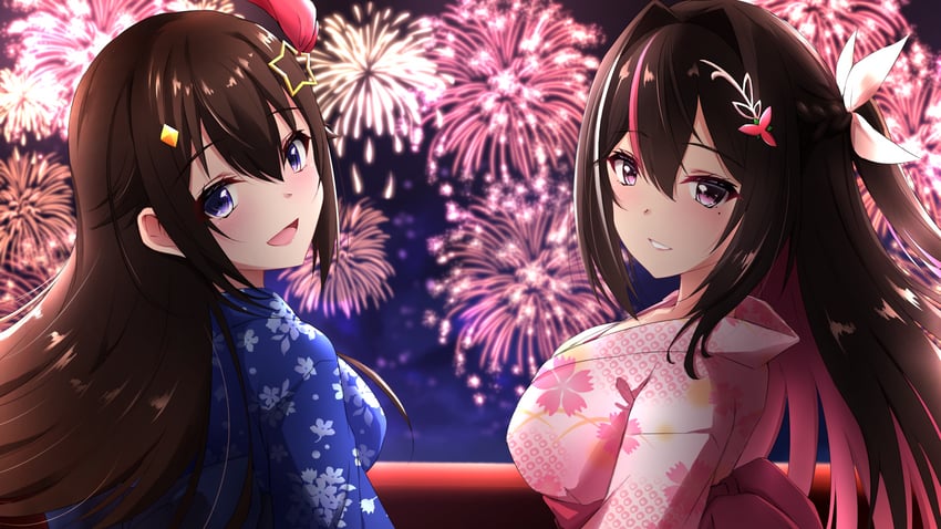 Hololive、AZKi、时乃空 2名女孩 烟花 替换服装 黑发 蓝色和服
