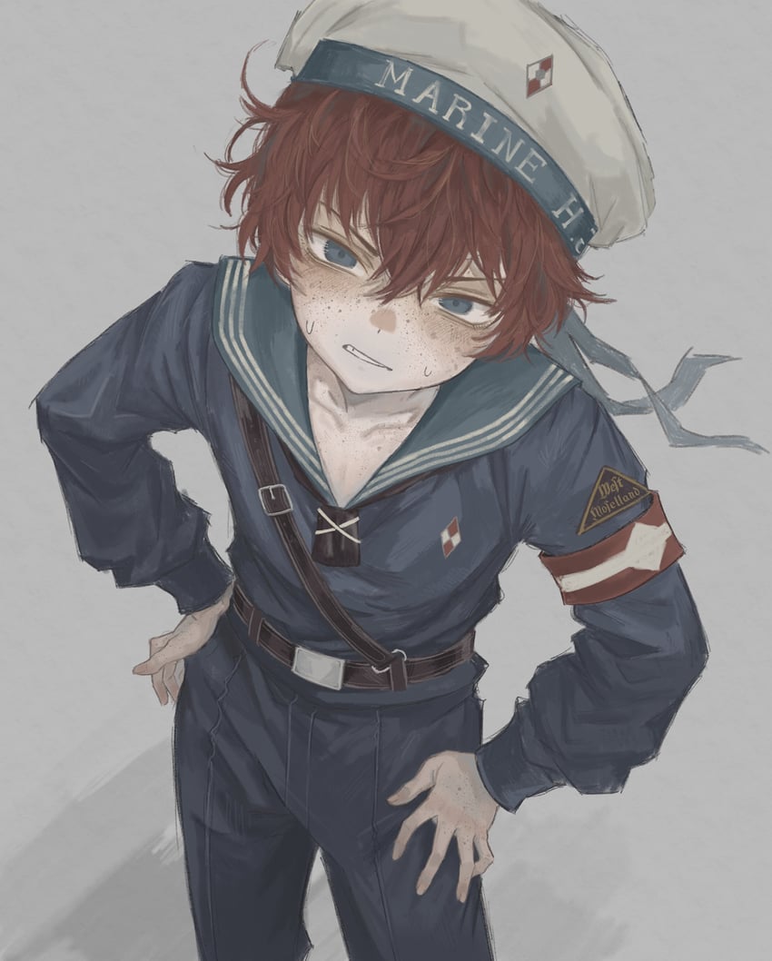 二次元插画 1名男孩 恼怒 蓝眼 蓝色夹克 蓝色裤子