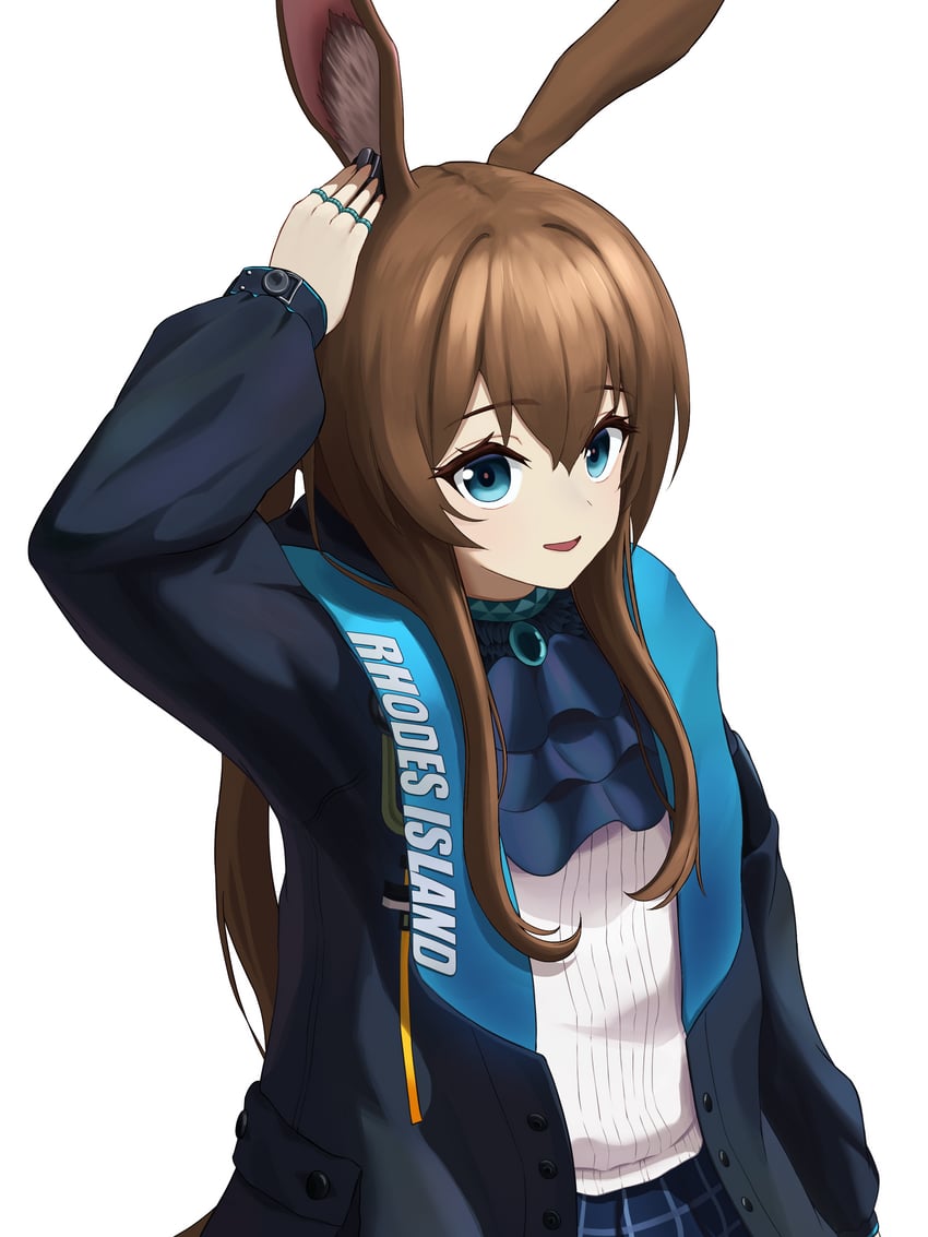 明日方舟、阿米娅 (明日方舟) 1名女孩 兽耳 举手 阿斯科特领巾 黑色夹克