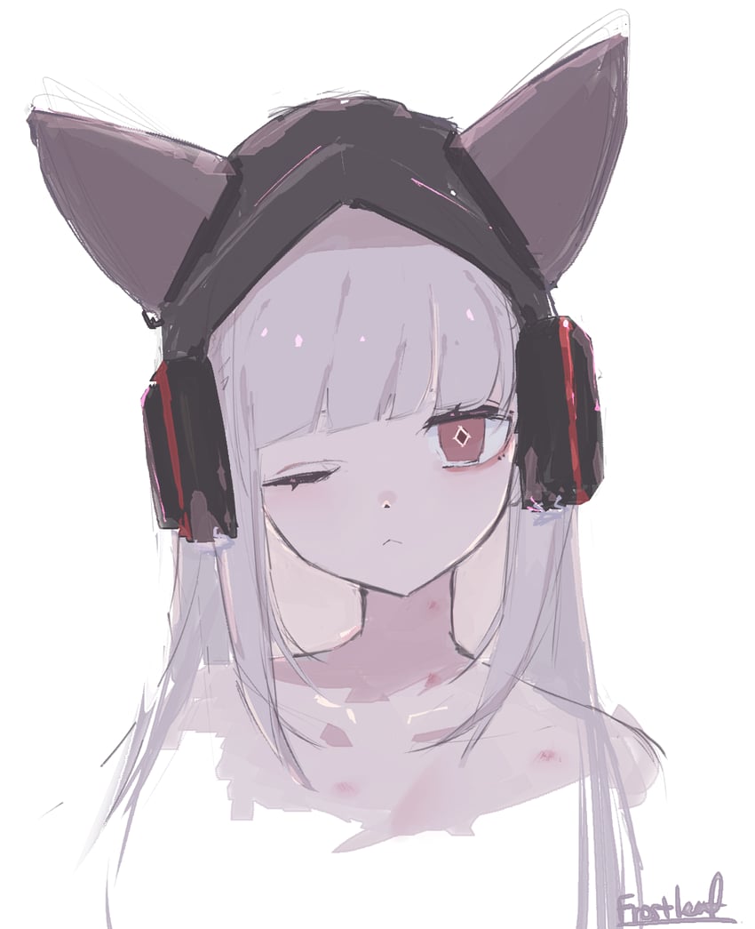 明日方舟、霜叶 (明日方舟) 1名女孩 :< ;< 兽耳 针织帽