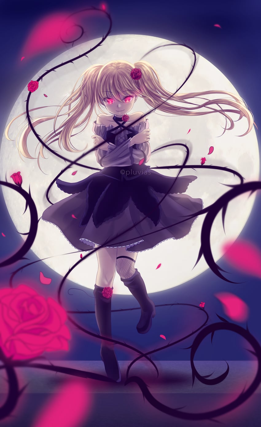 原创 1名女孩 作者名 不对称腿部穿着 露肩 黑色靴子