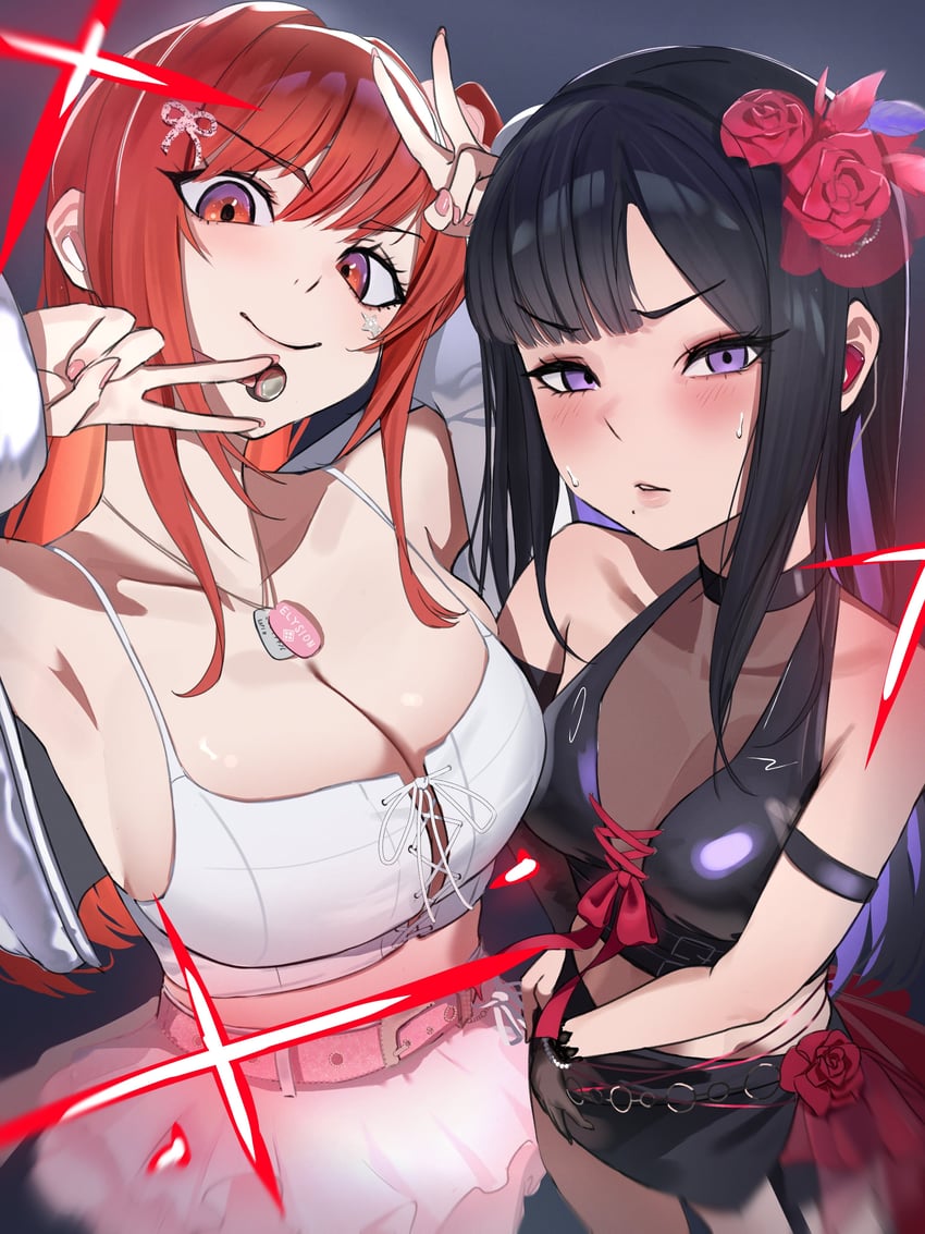 胜利女神：妮姬、恩华 (胜利女神：妮姬)、恩华 (战术升级) (胜利女神：妮姬) 2名女孩 腰带 黑色项圈 黑发 黑色裙子