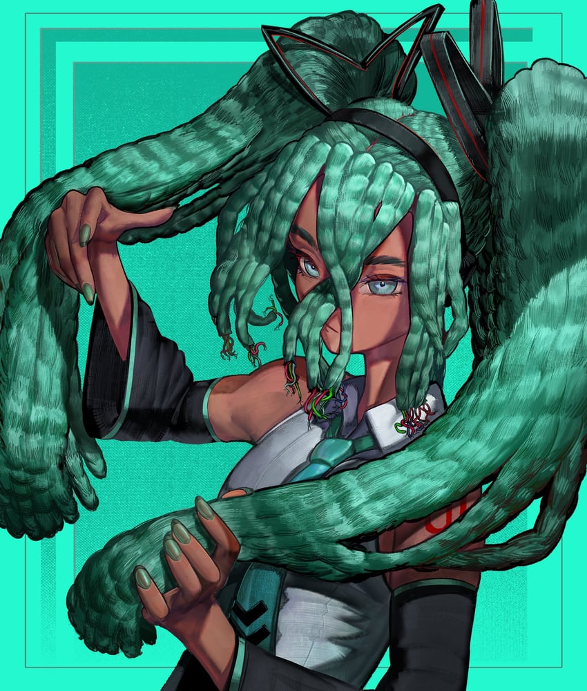 VOCALOID、自由形态初音未来、初音未来 1名女孩 露肩 黑色发带 边框 辫子