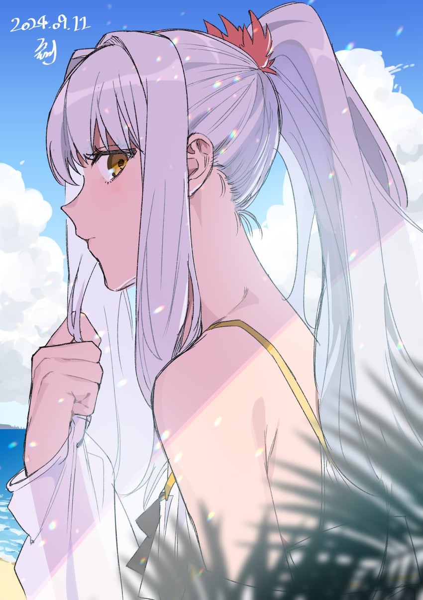 Fate/Grand Order、Fate系列、卡莲·奥尔黛西亚 1名女孩 露肩 海滩 蓝天 乳房
