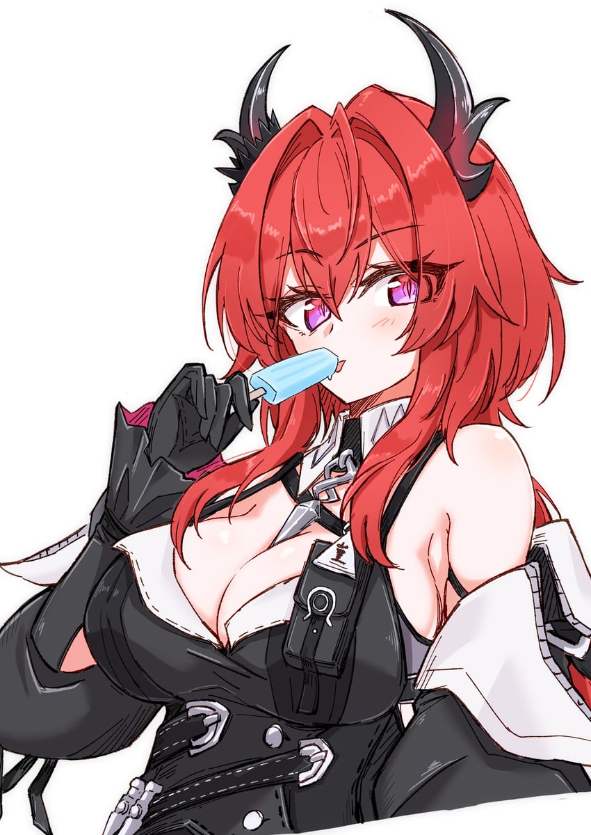 明日方舟、明日方舟：终末地、莱瓦汀 (明日方舟) 1名女孩 露肩 黑色连衣裙 黑色手套 黑角