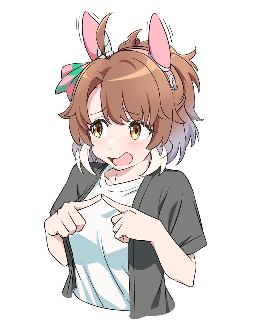 赛马娘、烈焰快驹 (赛马娘) 1名女孩 兽耳 黑衬衫 棕眼睛 棕发