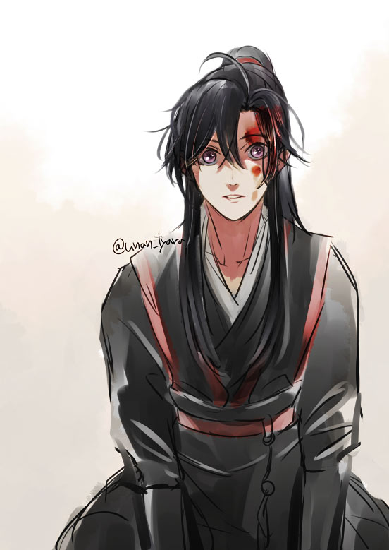 魔道祖师、魏无羡 1名男孩 呆毛 黑发 黑色汉服 血