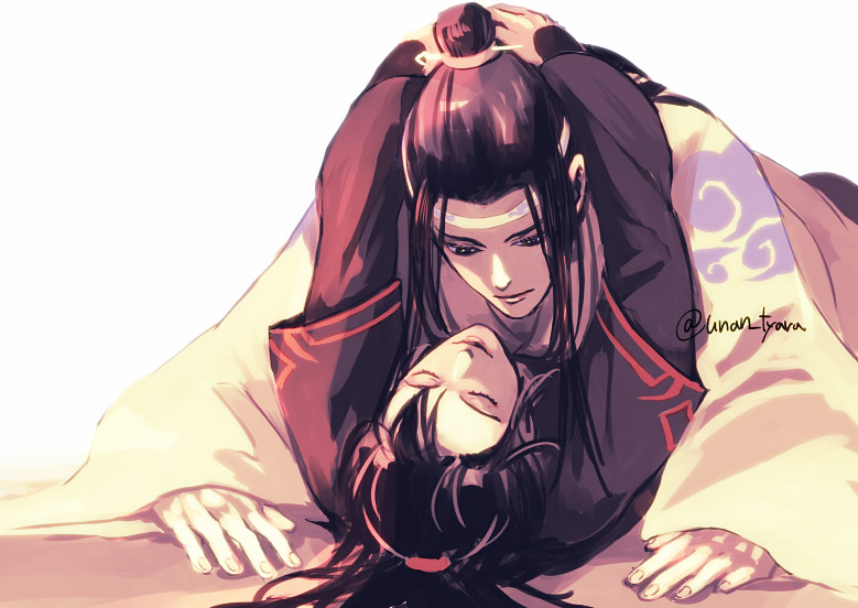 魔道祖师、蓝忘机、魏无羡 2个男孩 黑发 黑色汉服 中国风服饰 闭眼