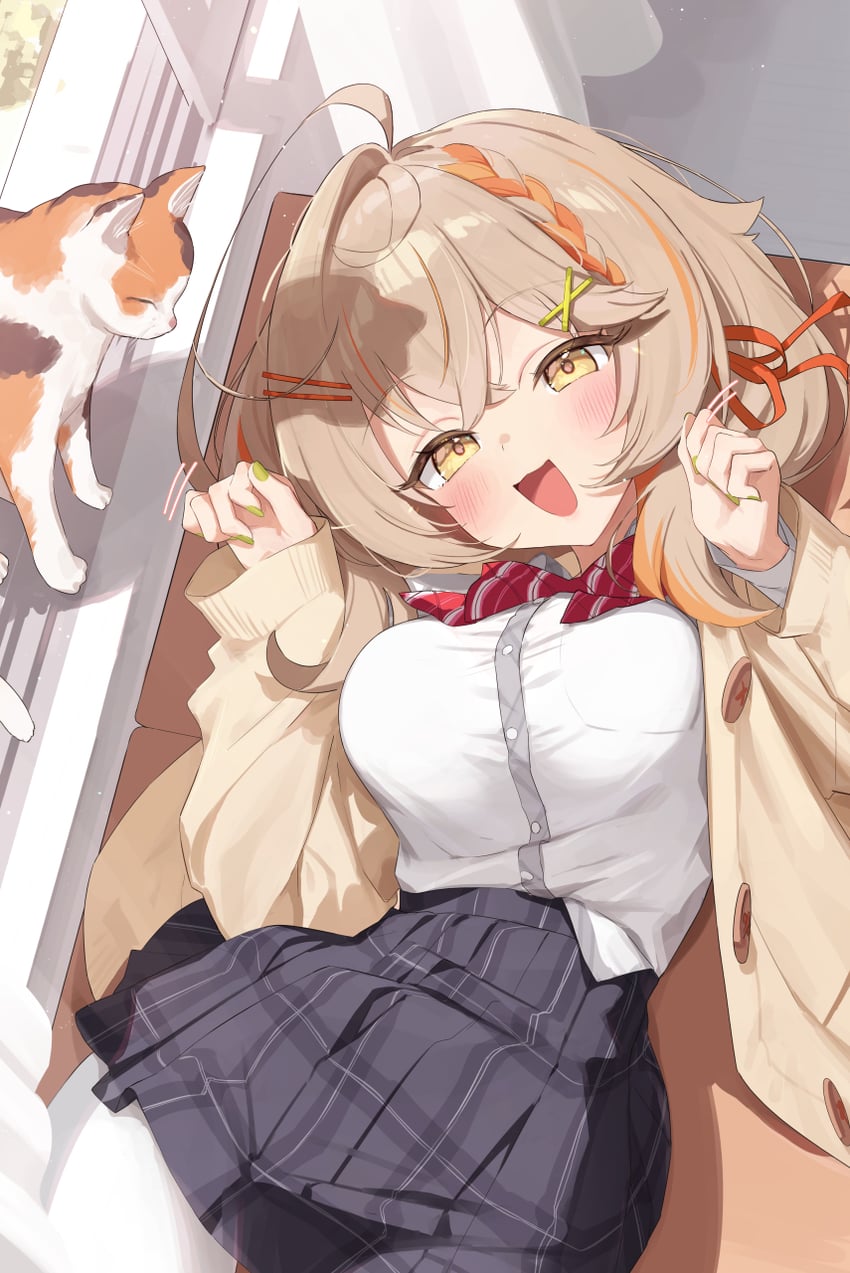 原创 1名女孩 呆毛 金发 蓝裙子 脸红