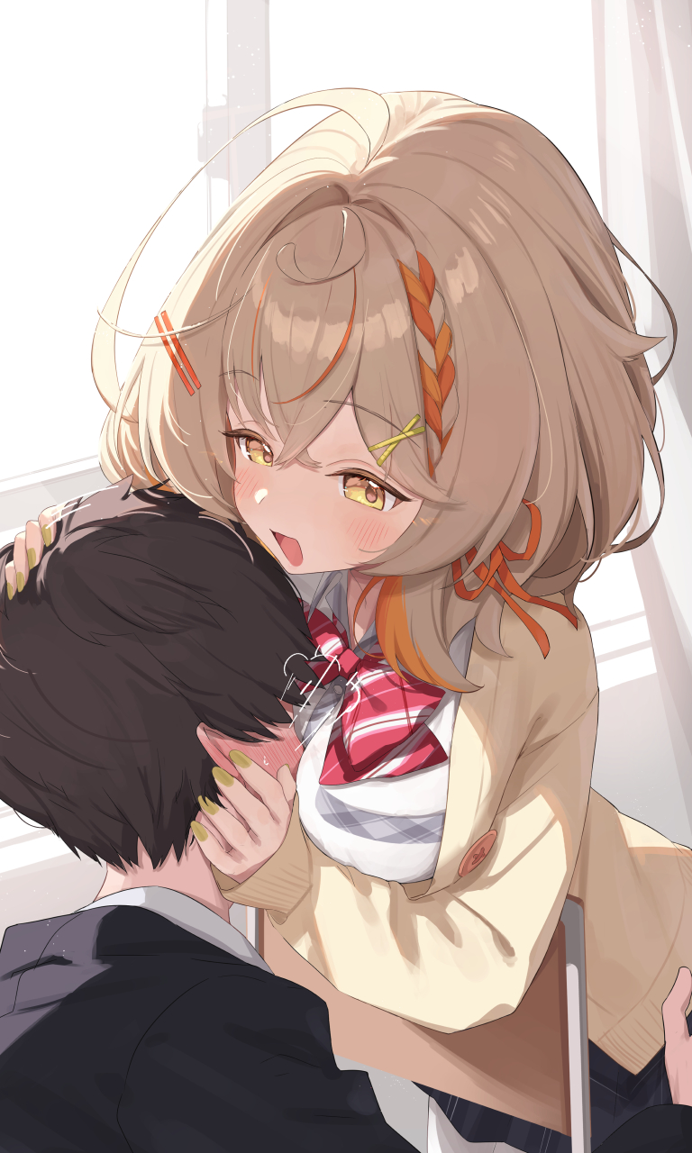 原创 1名男孩 1名女孩 呆毛 乳沟 黑色夹克