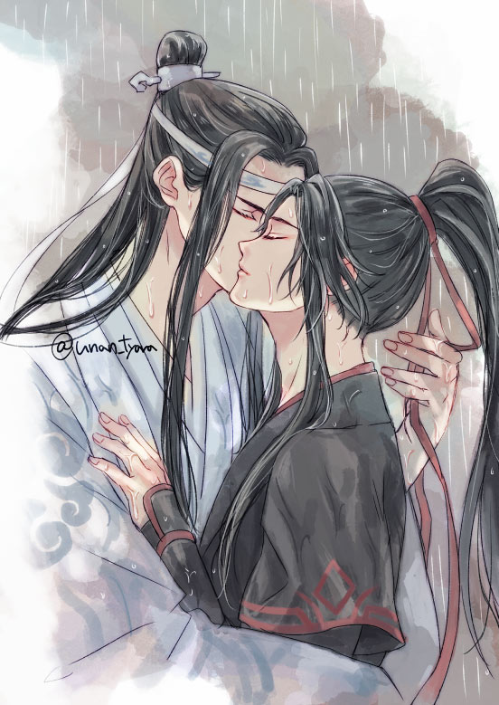 魔道祖师、蓝忘机、魏无羡 2个男孩 黑发 黑色汉服 中国风服饰 闭眼