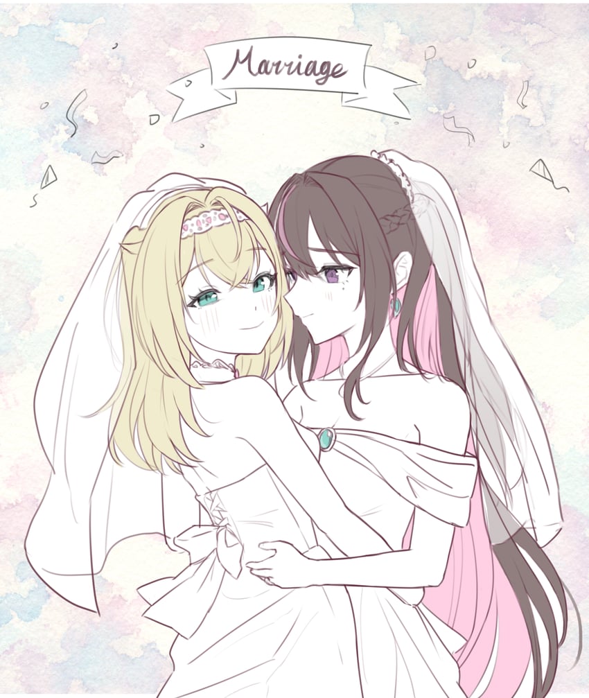 Hololive、AZKi、风真伊吕波 2名女孩 金发 蓝眼 脸红 婚纱面纱