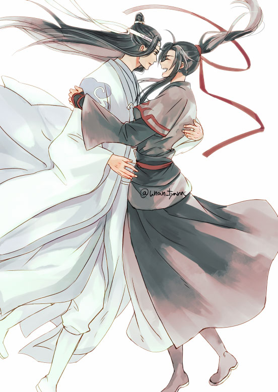 魔道祖师、蓝忘机、魏无羡 2个男孩 呆毛 黑色靴子 黑发 黑色汉服