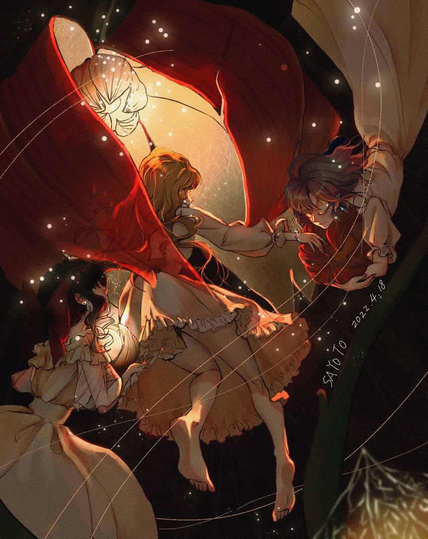 二次元插画 3人女子 作者名 裸腿 赤脚 黑色背景