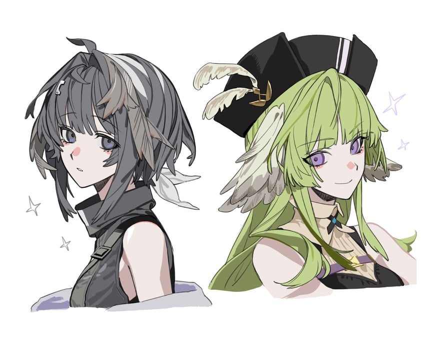 明日方舟、羽毛笔 (明日方舟)、枳 (明日方舟) 2名女孩 露肩 黑瞳 黑发 黑帽子