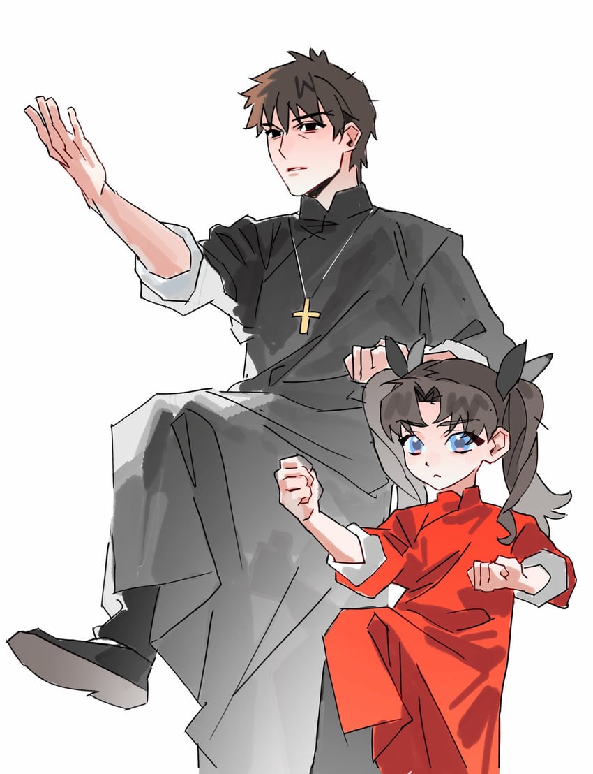 Fate/Zero、Fate系列、言峰绮礼 1名男孩 1名女孩 黑色长袍 黑鞋 蓝眼
