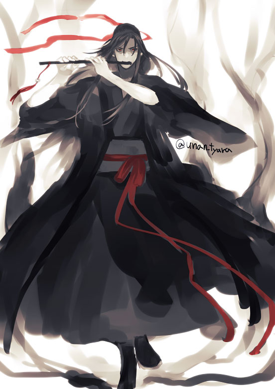 魔道祖师、魏无羡、魏无羡 (夷陵老祖) 1名男孩 枯树 黑色靴子 黑色大衣 黑发