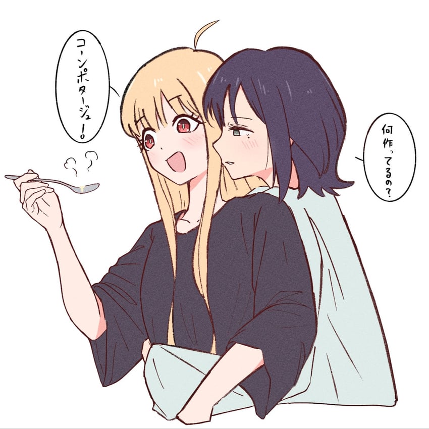 超辉夜姬!、辉夜 (超辉夜姬!)、坂寄伊吕波 2名女孩 呆毛 黑衬衫 金发 蓝色衬衫