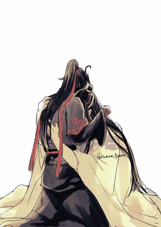 魔道祖师、蓝忘机、魏无羡 2个男孩 呆毛 黑发 黑色汉服 黑饰带