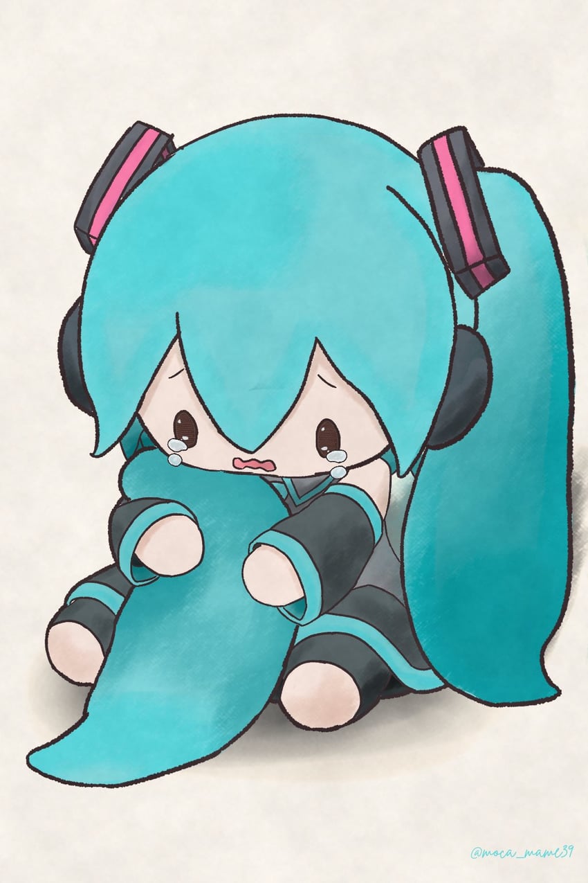 VOCALOID、初音未来 1名女孩 水色发 作者名 黑色裙子 Q版
