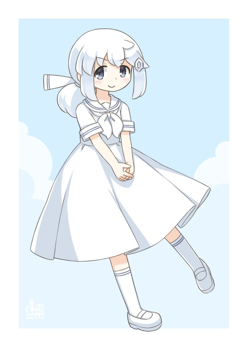 原创、露米里卡 (北川水月) 1名女孩 作者标志 蓝色背景 蝴蝶结 项圈