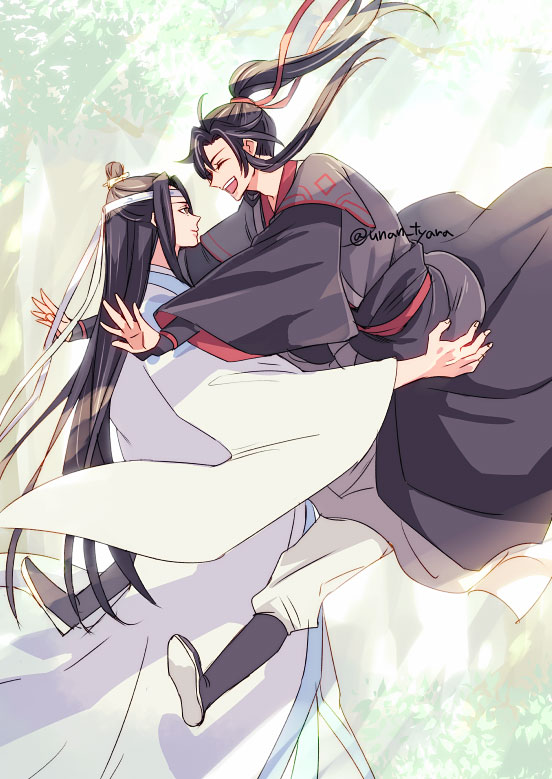 魔道祖师、蓝忘机、魏无羡 2个男孩 微笑 呆毛 黑色靴子 黑发