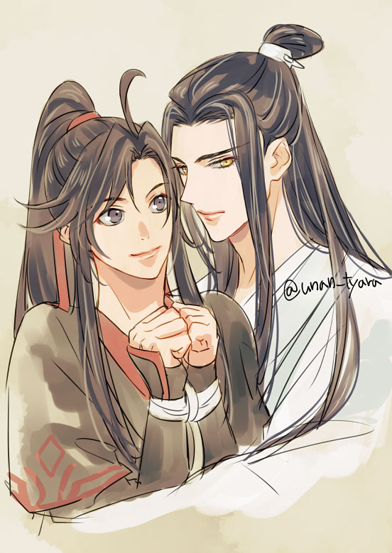 魔道祖师、蓝忘机、魏无羡 2个男孩 呆毛 美少年 黑发 黑色汉服