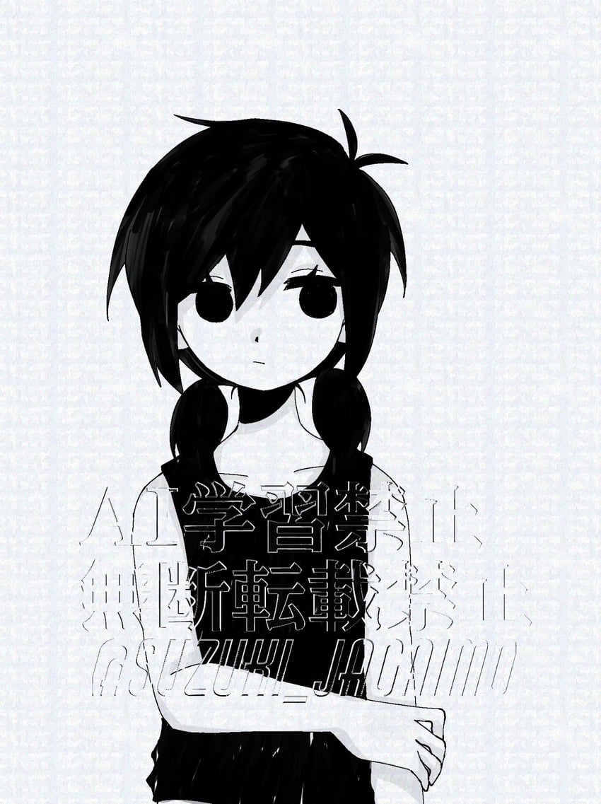 OMORI、Omori (OMORI) 1名女孩 呆毛 黑色背心 闭嘴 锁骨