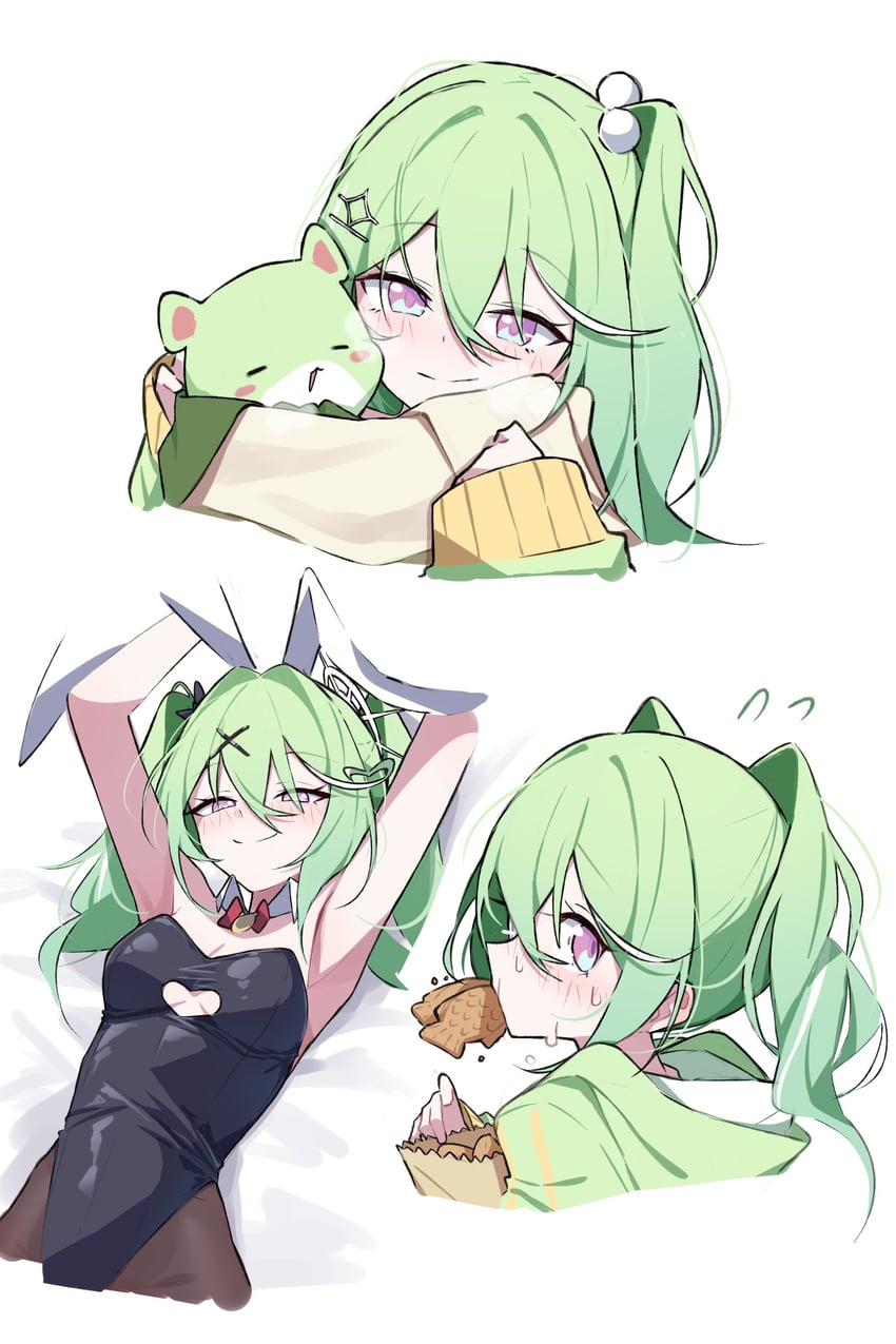 Stellive、Chico (yuzuha_riko)、柚叶莉子 黑色紧身连体衣 蓝眼 乳房 服装镂空 食物