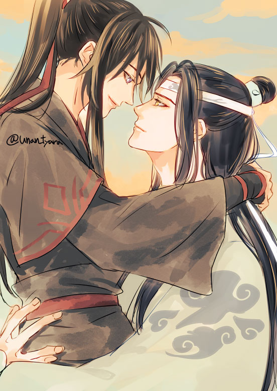 魔道祖师、蓝忘机、魏无羡 2个男孩 呆毛 美少年 黑发 黑色汉服
