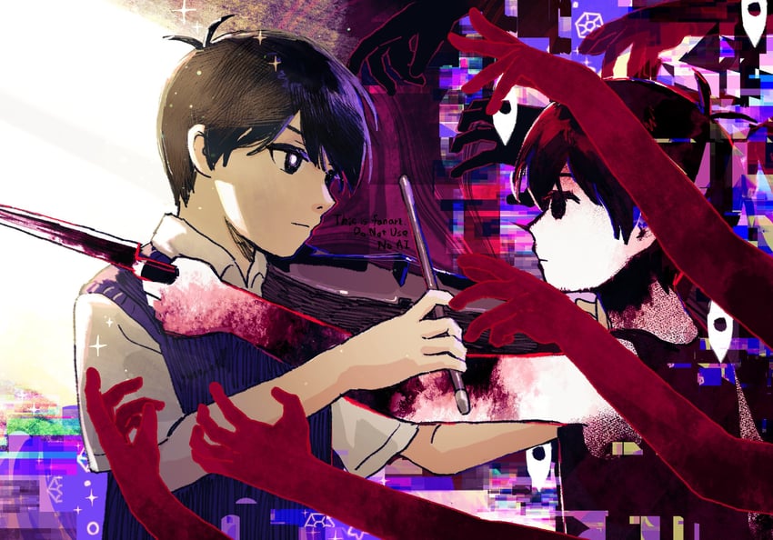 OMORI、Omori (OMORI)、Something (Omori) 2个男孩 呆毛 黑瞳 黑发 黑色毛衣背心