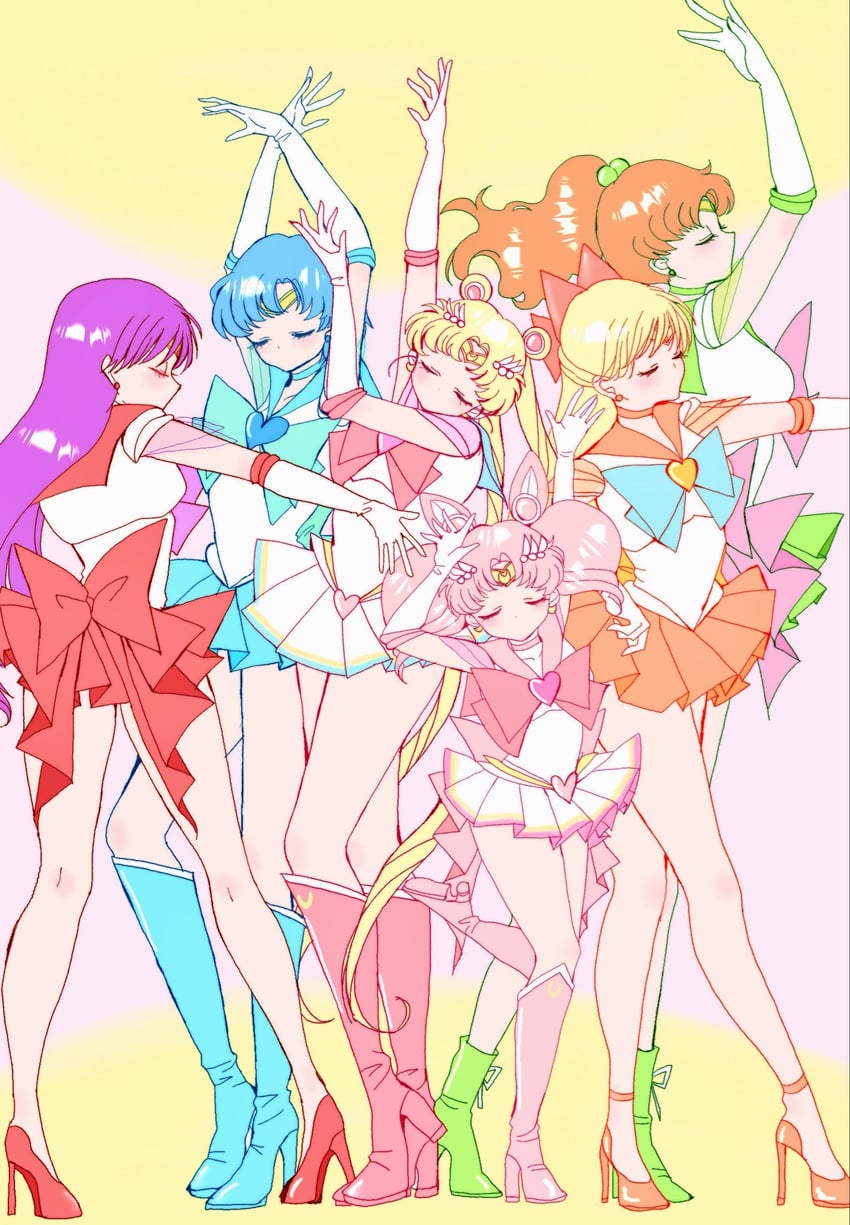美少女战士、美少女战士SuperS、爱野美奈子 6个以上女孩 举起双手 后背蝴蝶结 金发 蓝色蝴蝶结