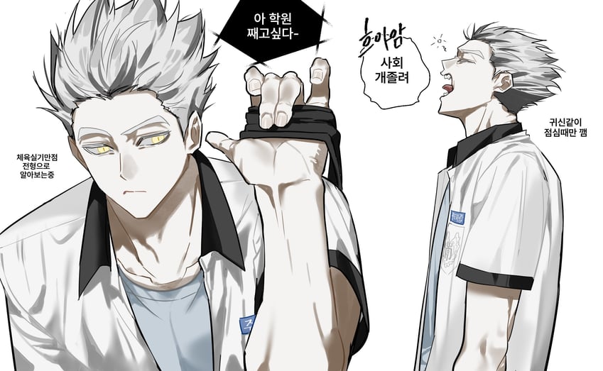 排球少年!!、木兔光太郎 1名男孩 两格漫画 包 黑领 蓝色衬衫