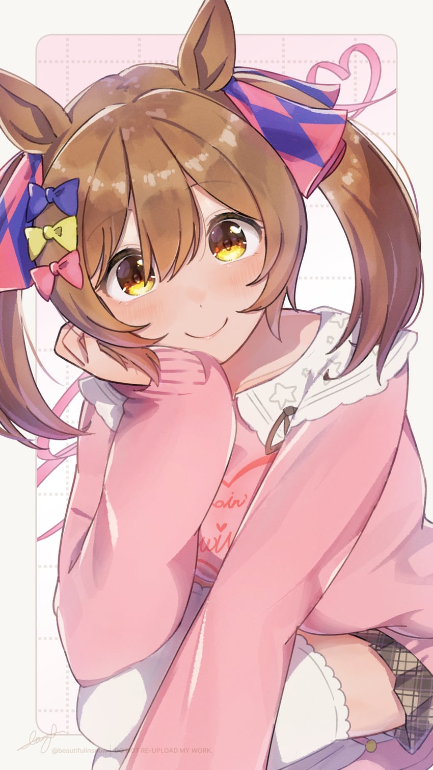 赛马娘、醒目飞鹰 (便装) (赛马娘)、醒目飞鹰 (赛马娘) 1名女孩 兽耳 蓝色蝴蝶结 脸红 蝴蝶结