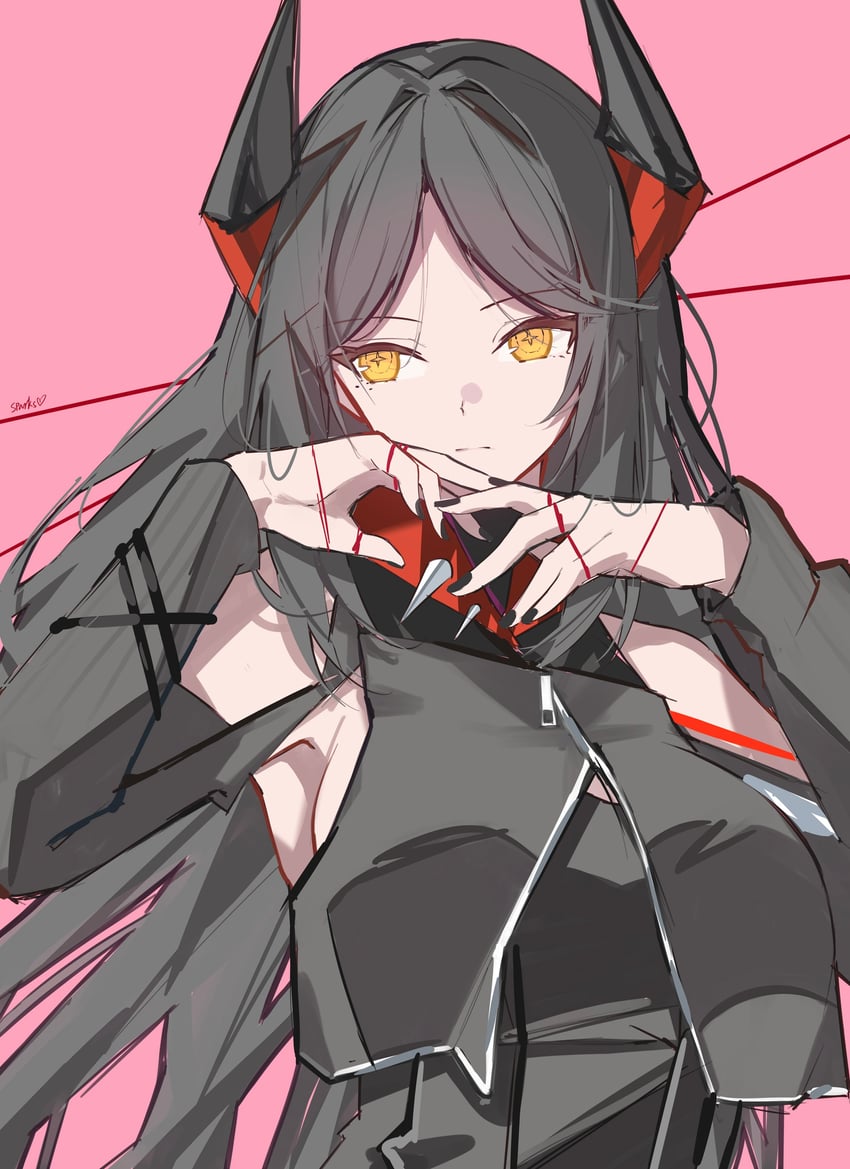明日方舟、伊内丝 (明日方舟) 1名女孩 呆滞脸 作者名 黑发 黑角