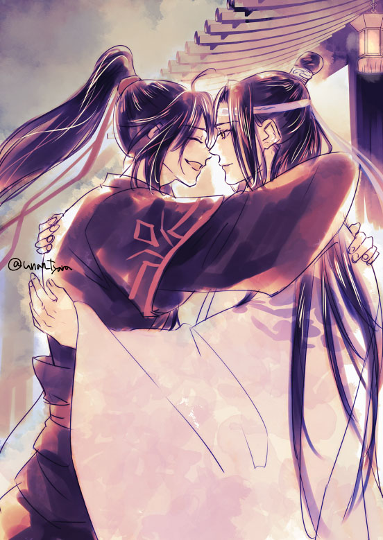 魔道祖师、蓝忘机、魏无羡 2个男孩 呆毛 建筑 黑发 黑色汉服
