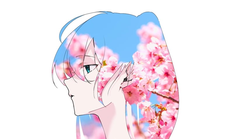 VOCALOID、初音未来 1名女孩 呆毛 樱花 闭嘴 双重曝光