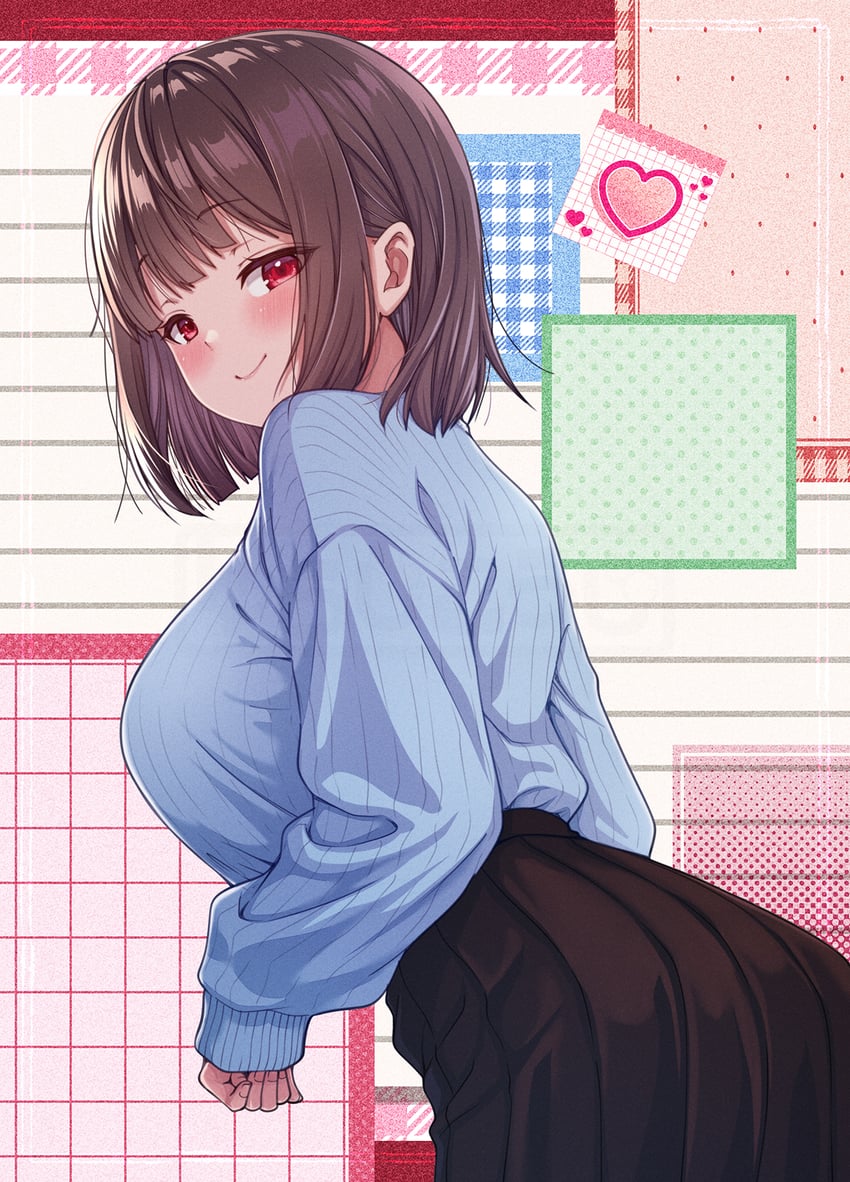 原创 1名女孩 黑色裙子 蓝色衬衫 脸红 乳房