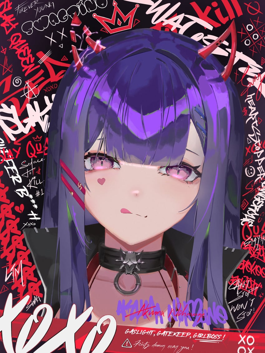 个人势虚拟主播、Akuma Nihmune、恶魔尼姆涅 (恶魔往昔) 1名女孩 黑领 断角 项圈 脸部印记