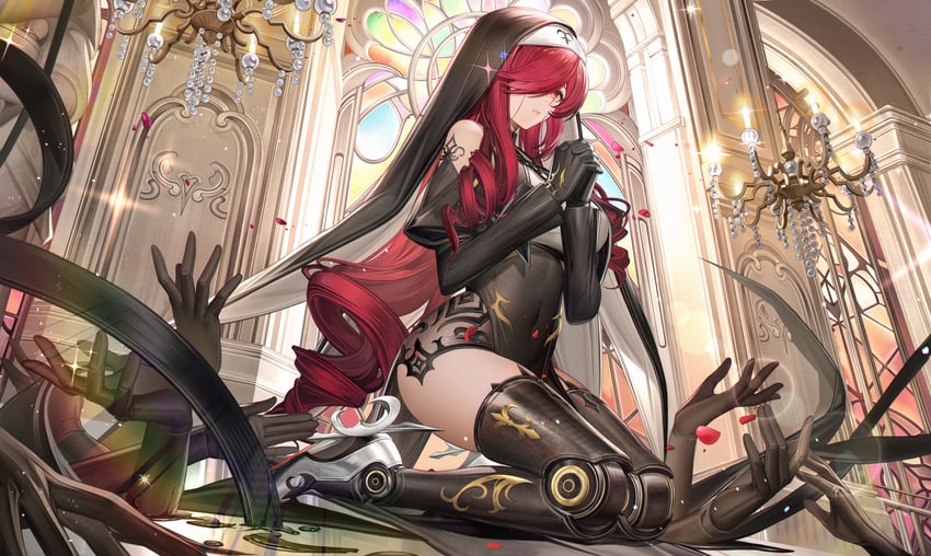 原创 1名女孩 露肩 黑色手套 黑色紧身连体衣 吊灯