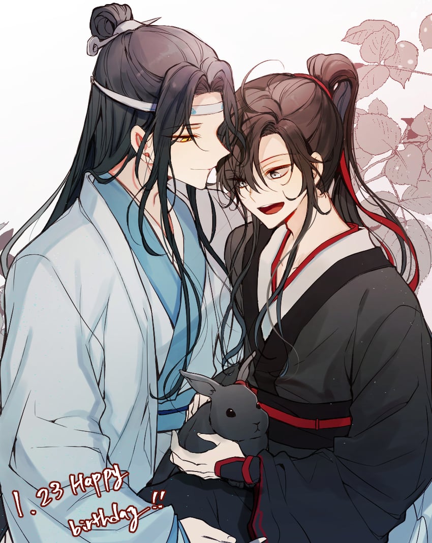 魔道祖师、蓝忘机、魏无羡 2个男孩 呆毛 动物 腿上的动物 黑发