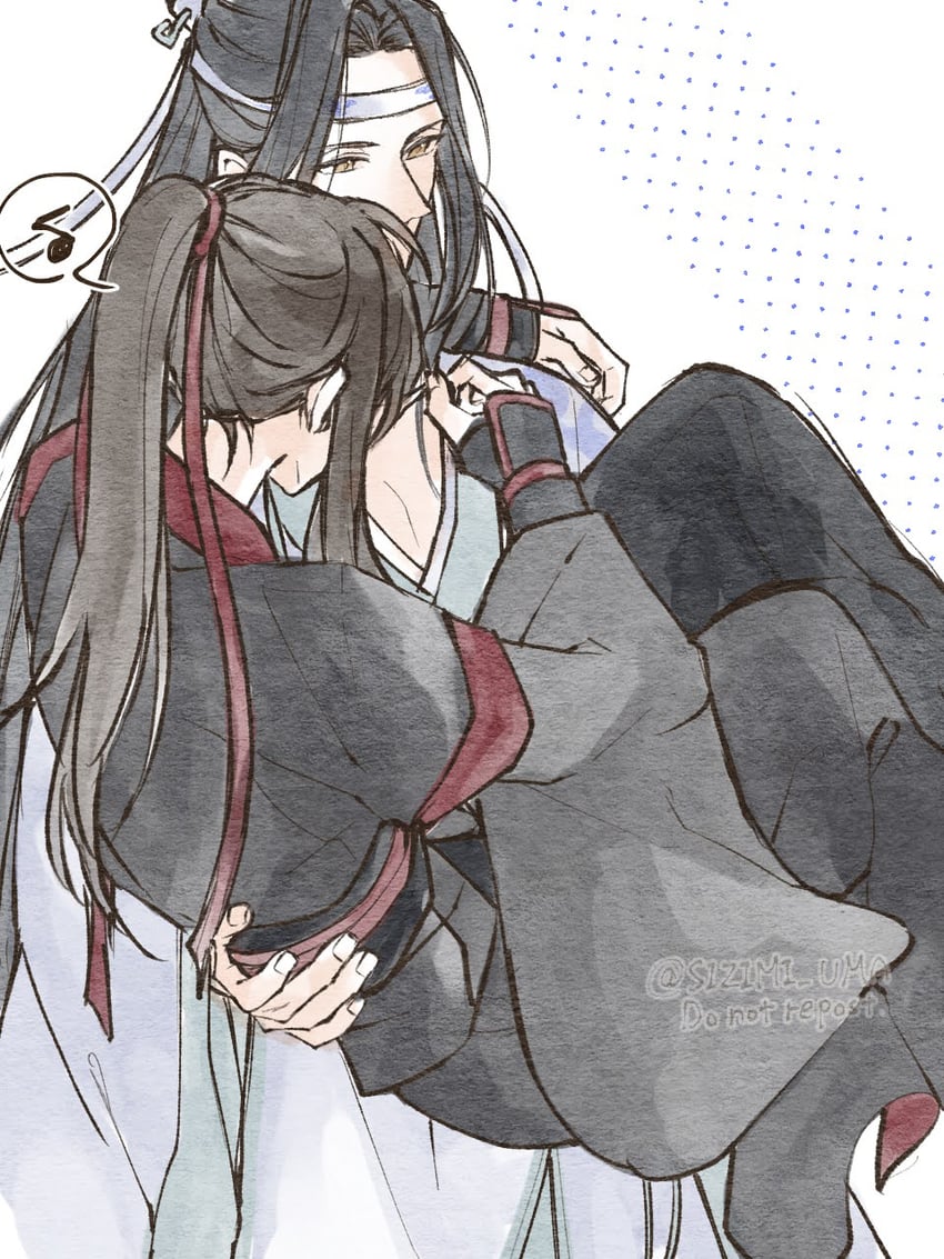 魔道祖师、蓝忘机、魏无羡 2个男孩 黑发 黑色汉服 携带 中国风服饰