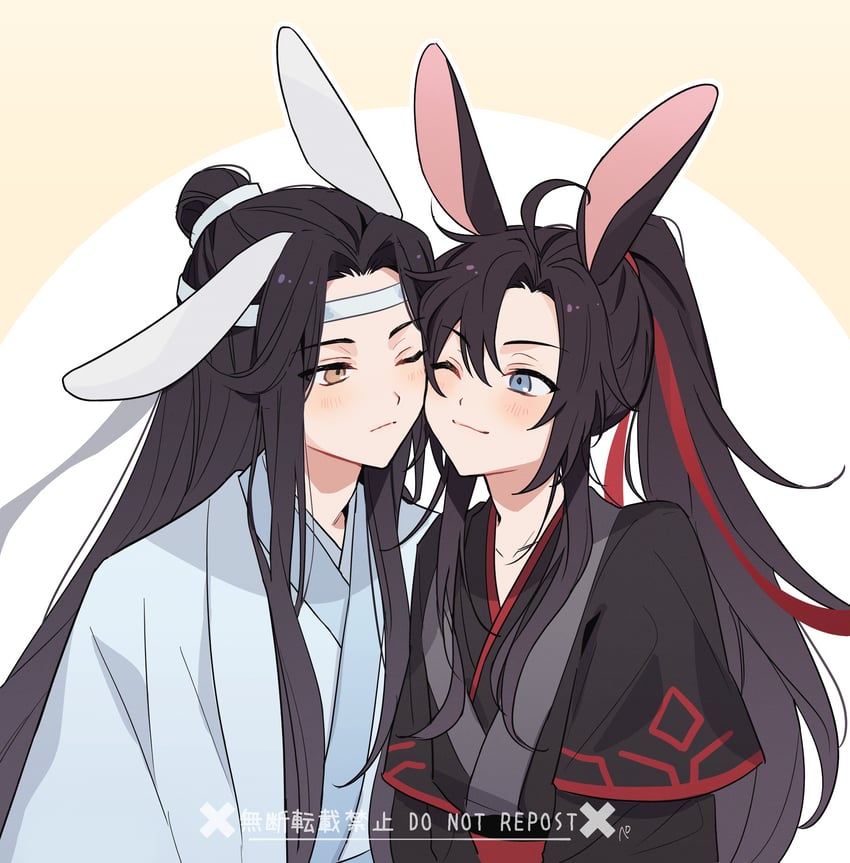 魔道祖师、蓝忘机、魏无羡 2个男孩 呆毛 兽耳 黑发 黑色汉服