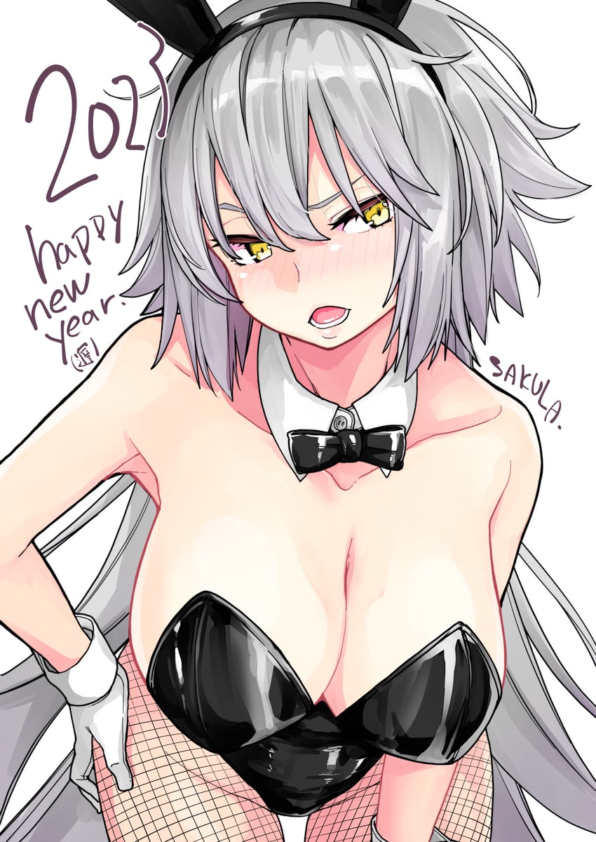 Fate/Grand Order、Fate系列、黑贞德 1名女孩 兽耳 黑色紧身连体衣 脸红 蝴蝶结
