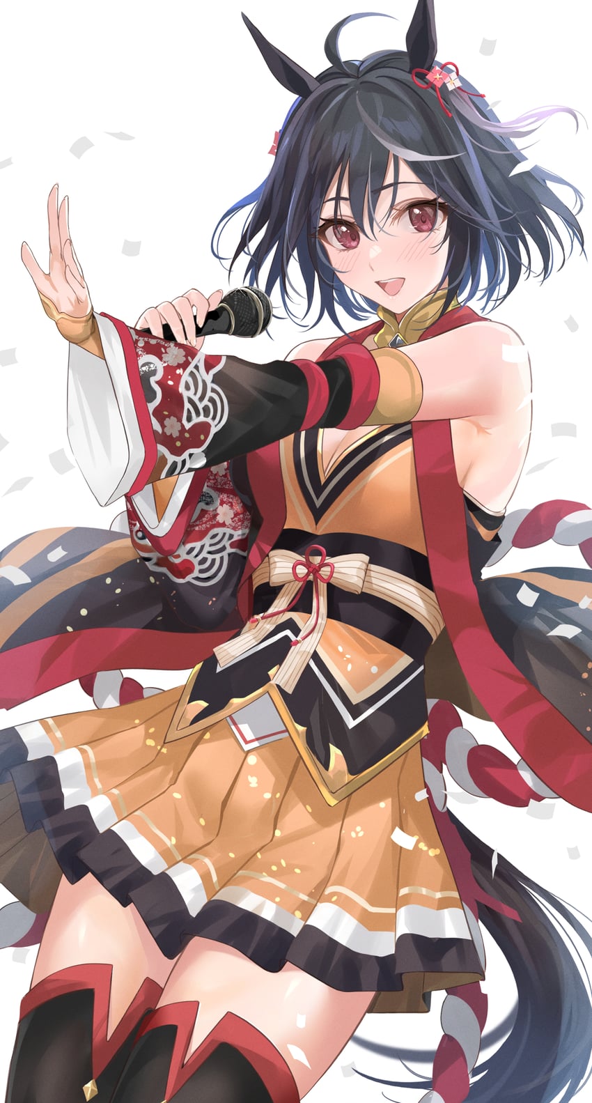 赛马娘、北部玄驹 (锦上之花) (赛马娘)、北部玄驹 (赛马娘) 1名女孩 兽耳 腋窝褶皱 黑发 黑饰带