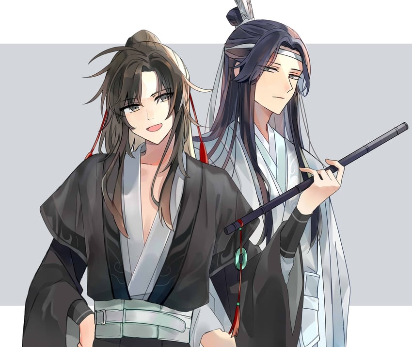 魔道祖师、蓝忘机、魏无羡 2个男孩 黑发 黑色汉服 棕发 陈情笛