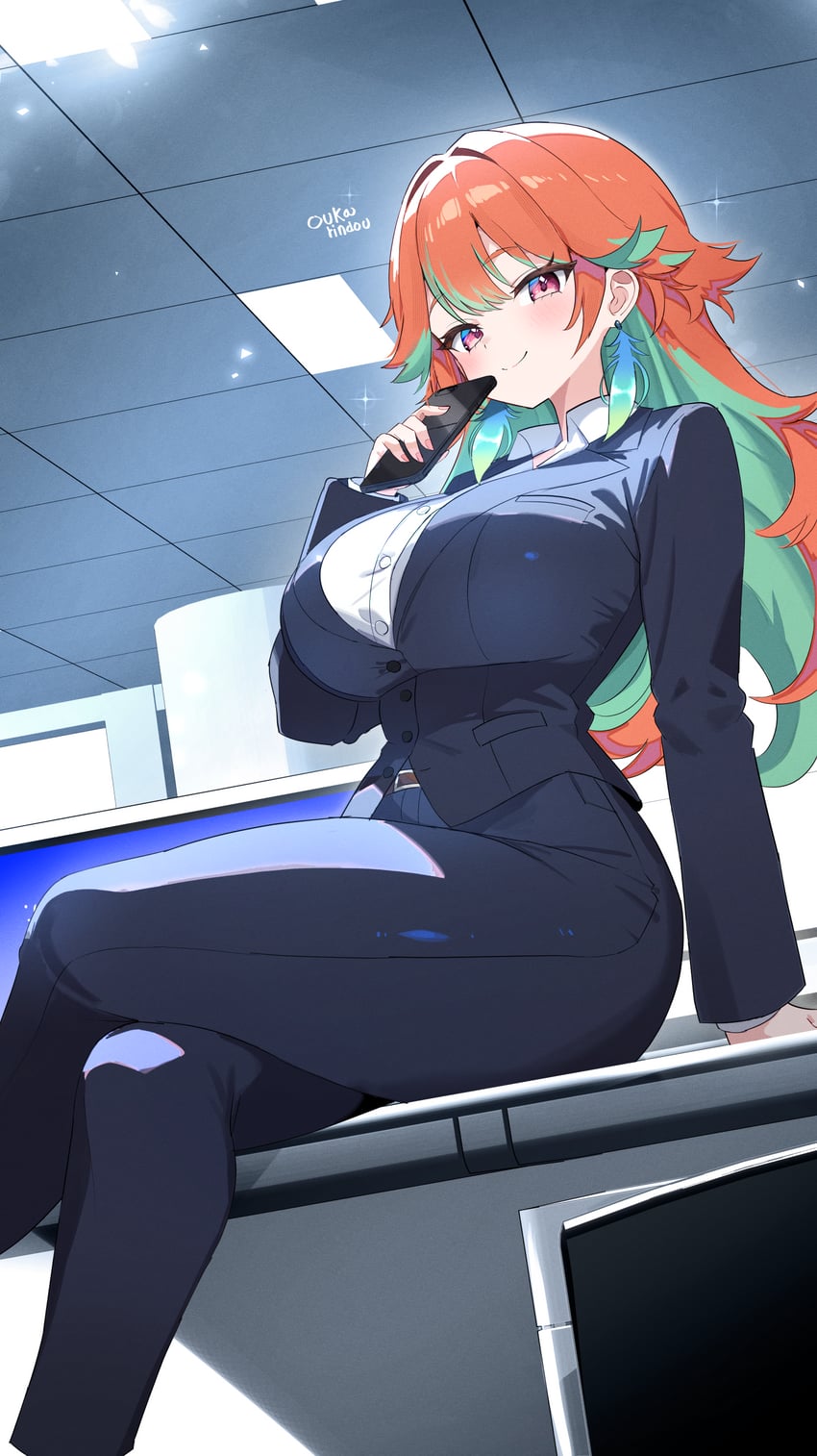 Hololive、Hololive英语、小鸟游琪亚拉 1名女孩 黑色夹克 黑裤子 乳房 闭嘴