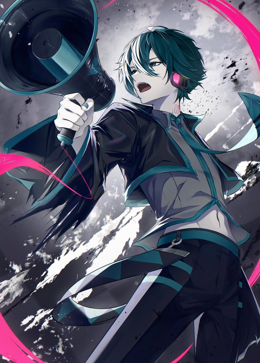 恋爱是战争 (Vocaloid)、VOCALOID、初音未来 1名男孩 举手 黑色夹克 黑裤子 有领衬衫